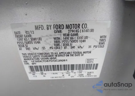 2013 Ford Explorer Xlt from USA, damaged, VIN 1FM5K7D87DGC29261